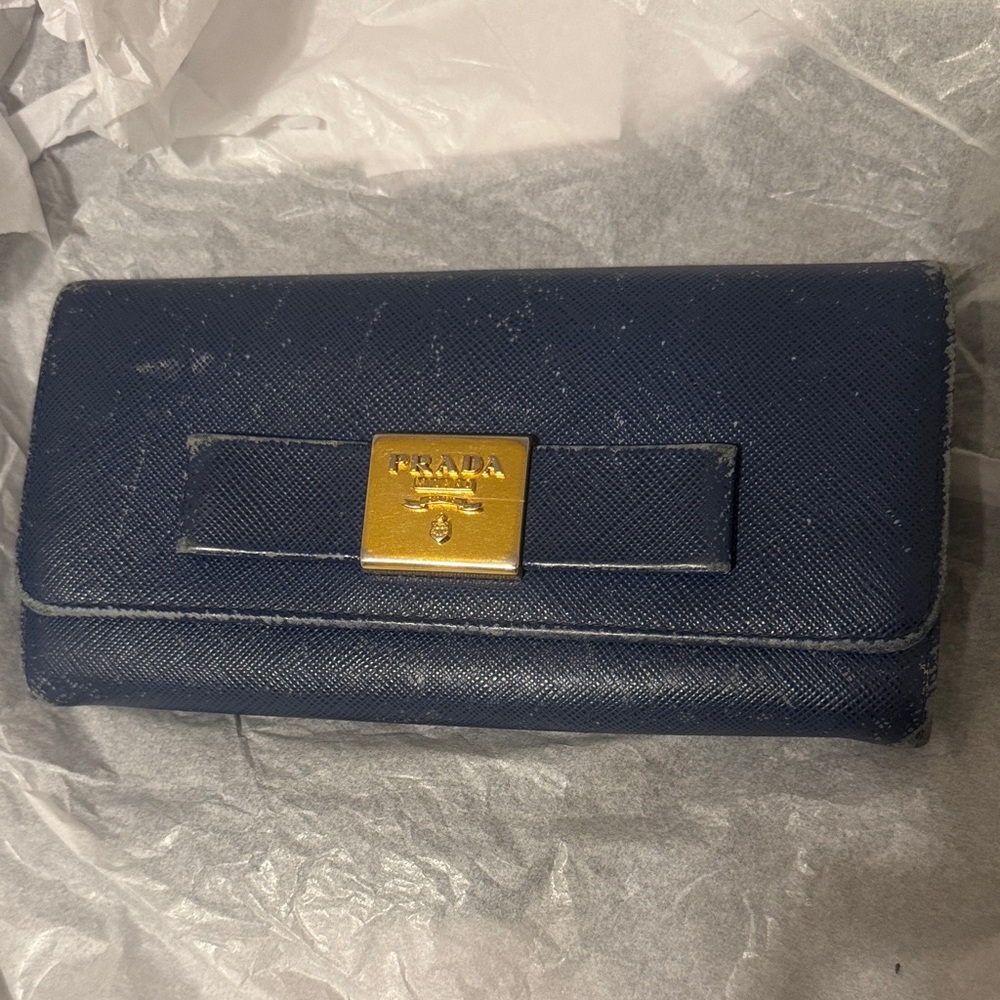 Prada Dark Blue Wallet with Gold Accent